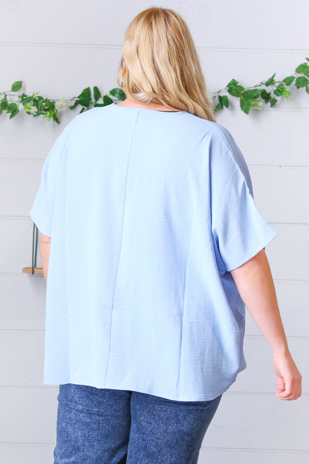 Baby Blue Woven V Neck Dolman Short Sleeve Top
