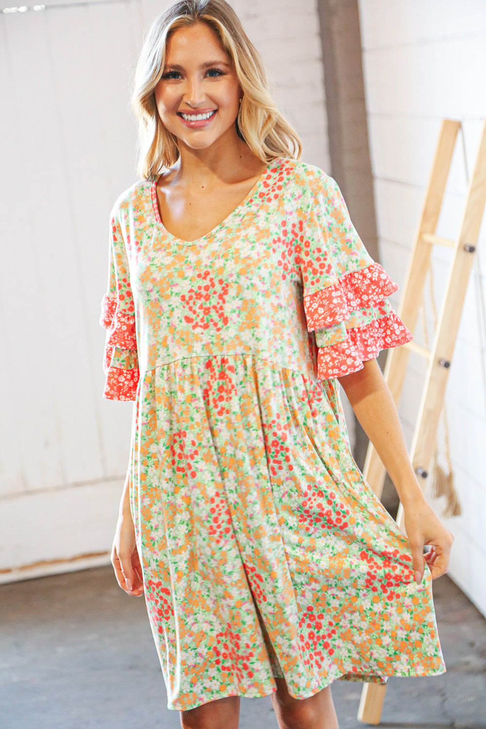 Sage & Coral Floral Ruffle Sleeve Pocketed Dress