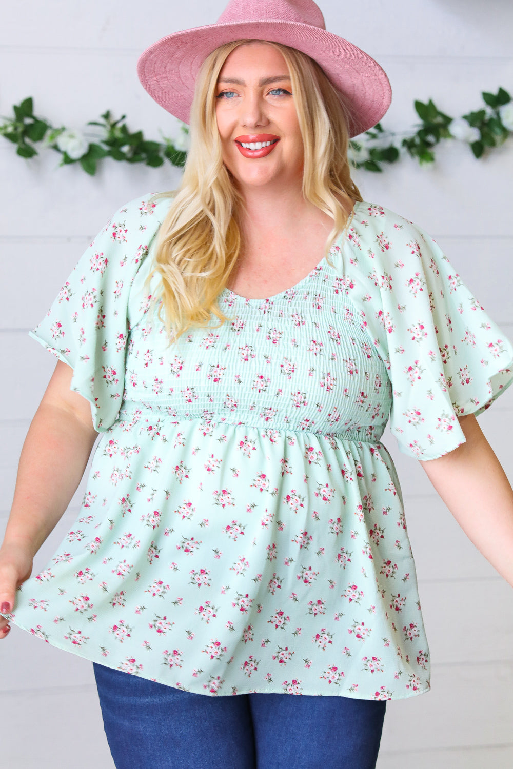 Mint Floral Smocked Flutter Sleeve Top