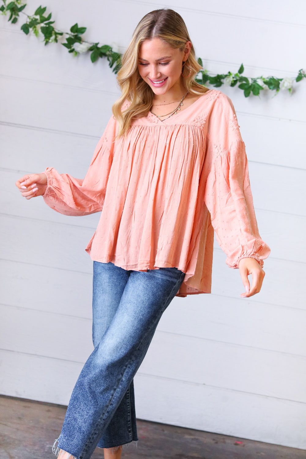 Peach Floral Swiss Dot Bubble Sleeve Top