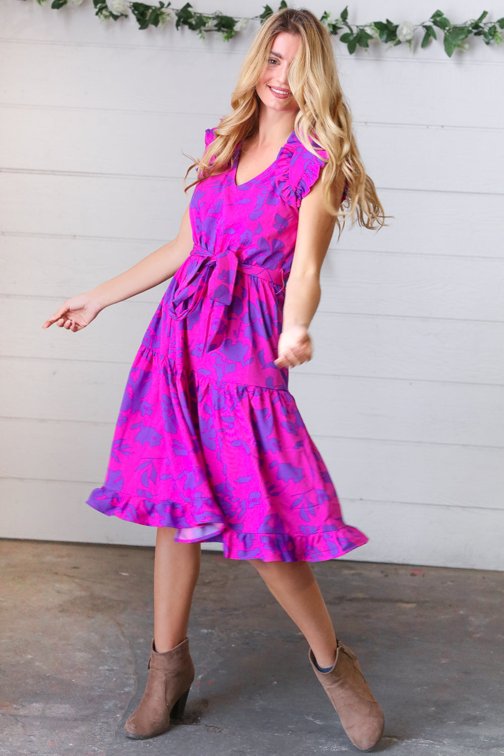 Fuchsia Flower Print Frilled Bolero Waist Tie Dress