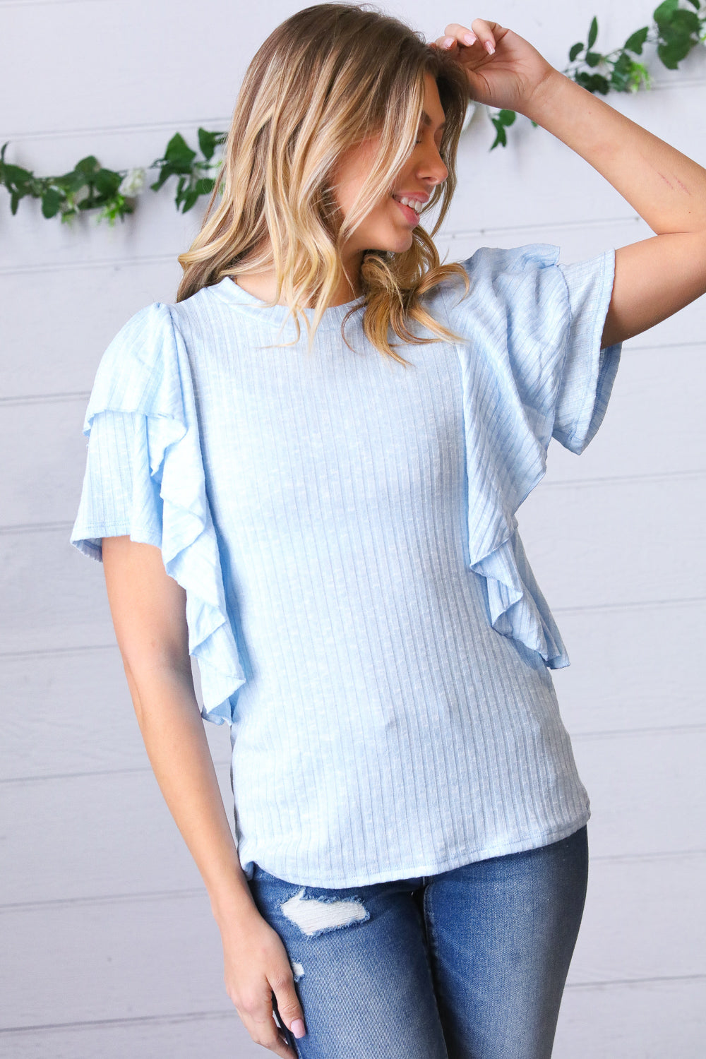 Sky Blue Double Ruffle Sleeve Two Tone Top