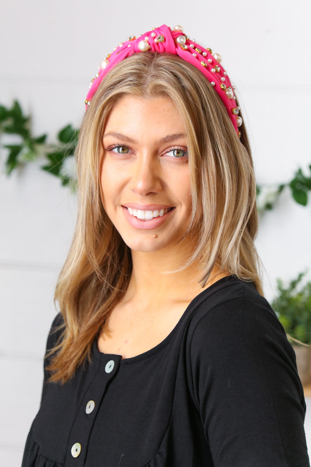 Pink Pearl & Jewels Top Knot Knit Headband