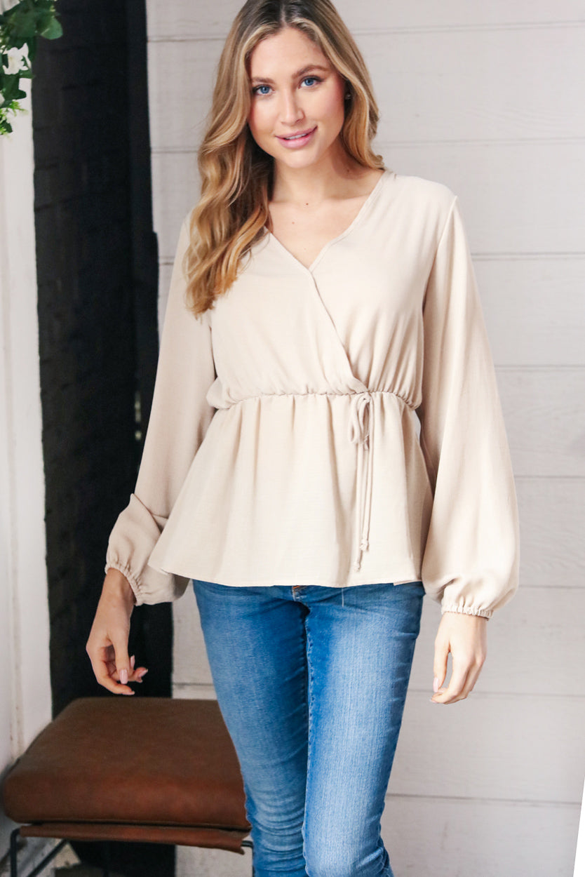 Sand Surplice Bubble Sleeve Woven Top