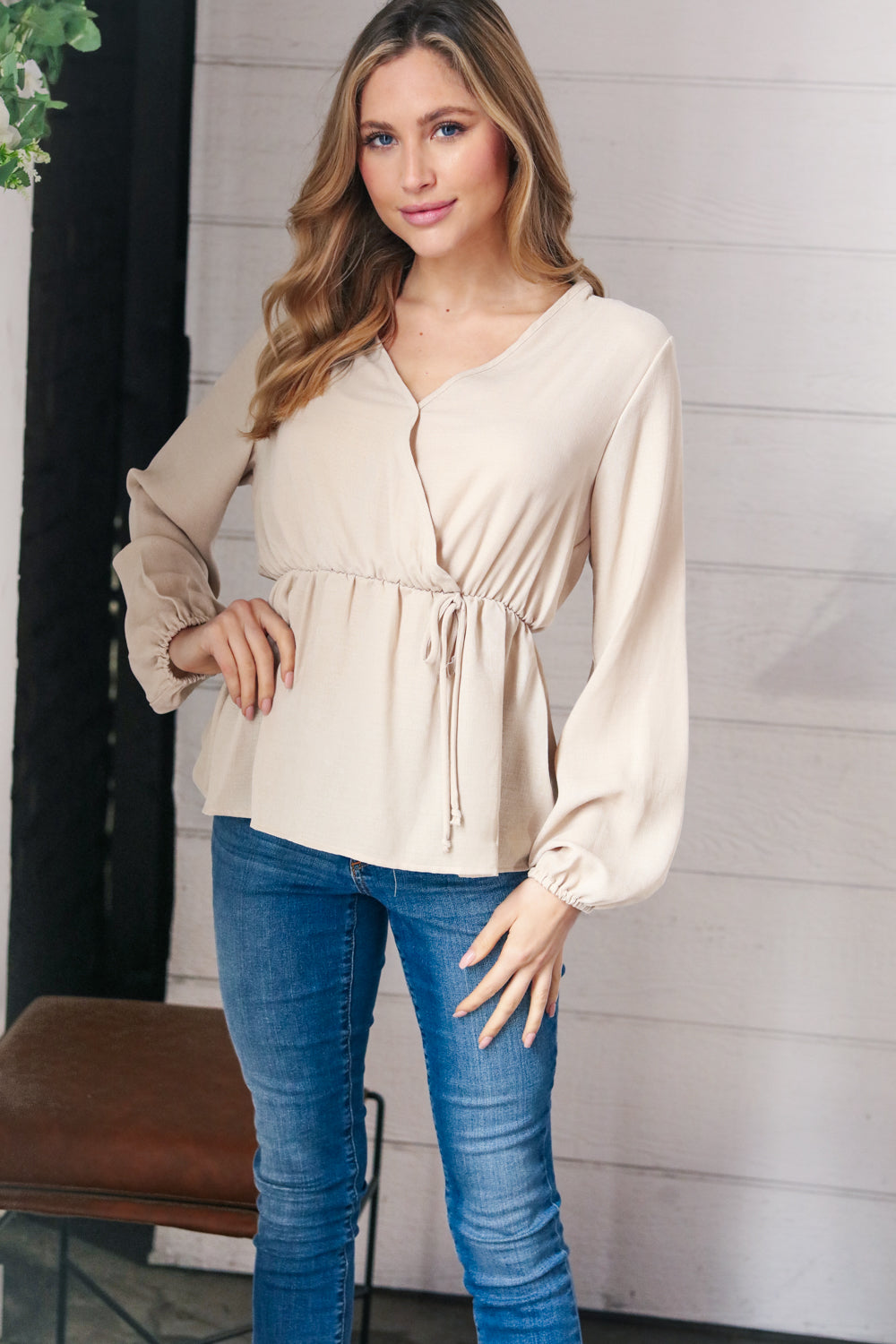 Sand Surplice Bubble Sleeve Woven Top