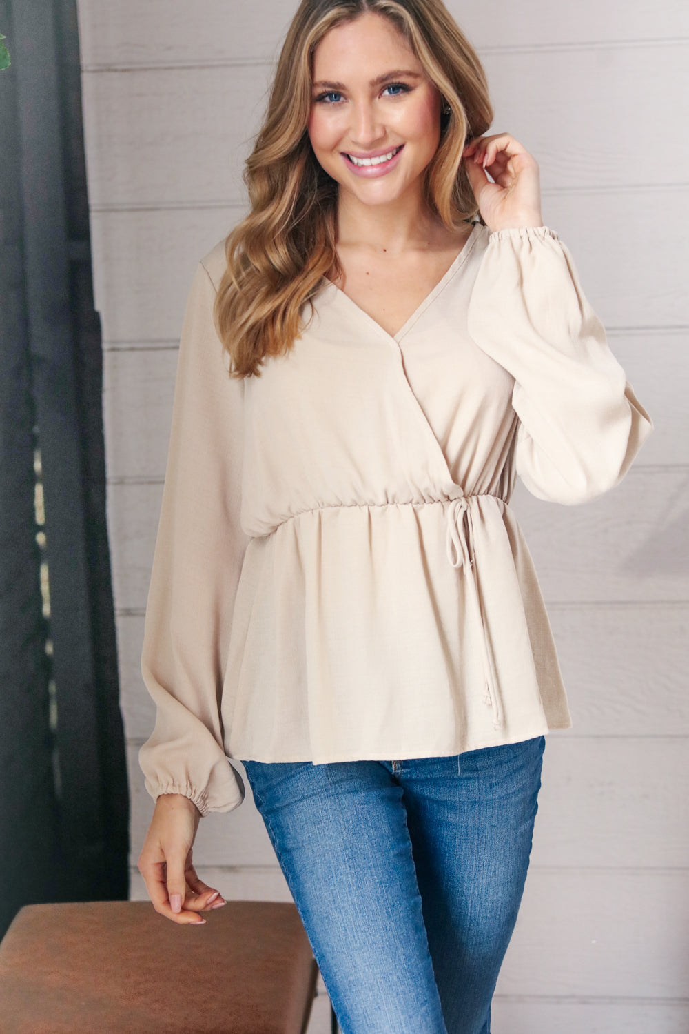 Sand Surplice Bubble Sleeve Woven Top