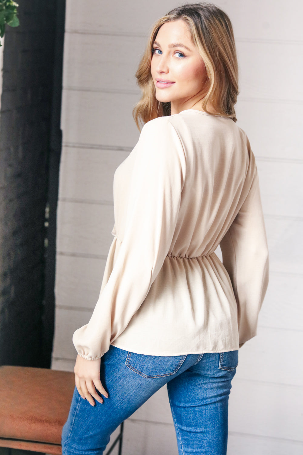 Sand Surplice Bubble Sleeve Woven Top