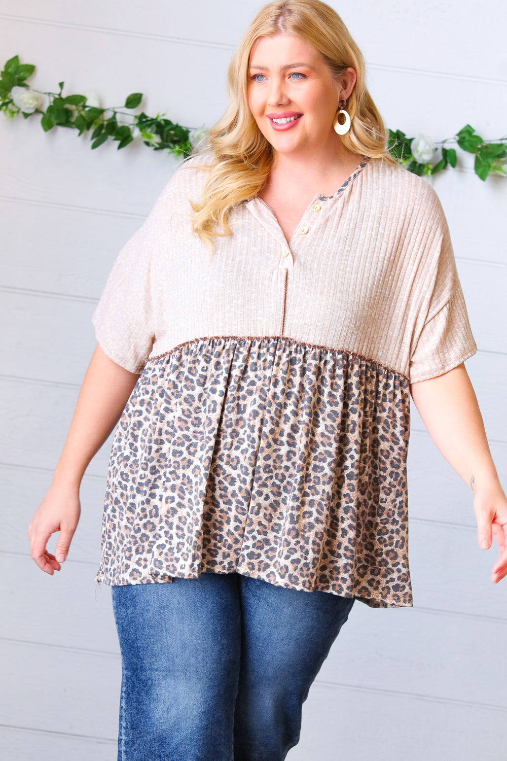 Taupe Animal Print Placard Babydoll Top