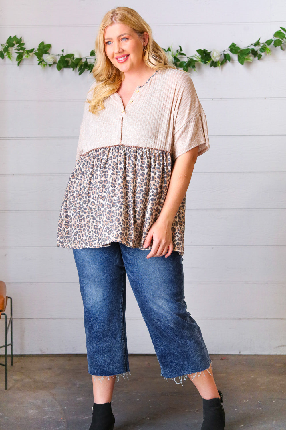 Taupe Animal Print Placard Babydoll Top