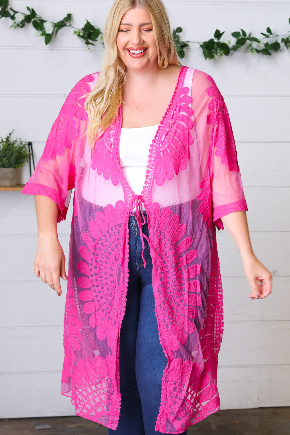 Fuchsia Crochet Lace Scallop Kimono