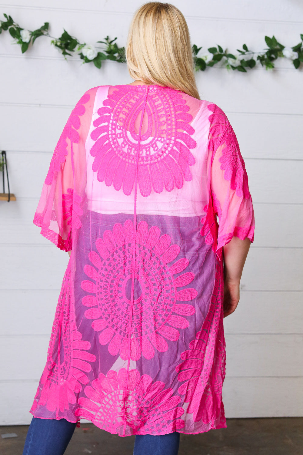 Fuchsia Crochet Lace Scallop Kimono