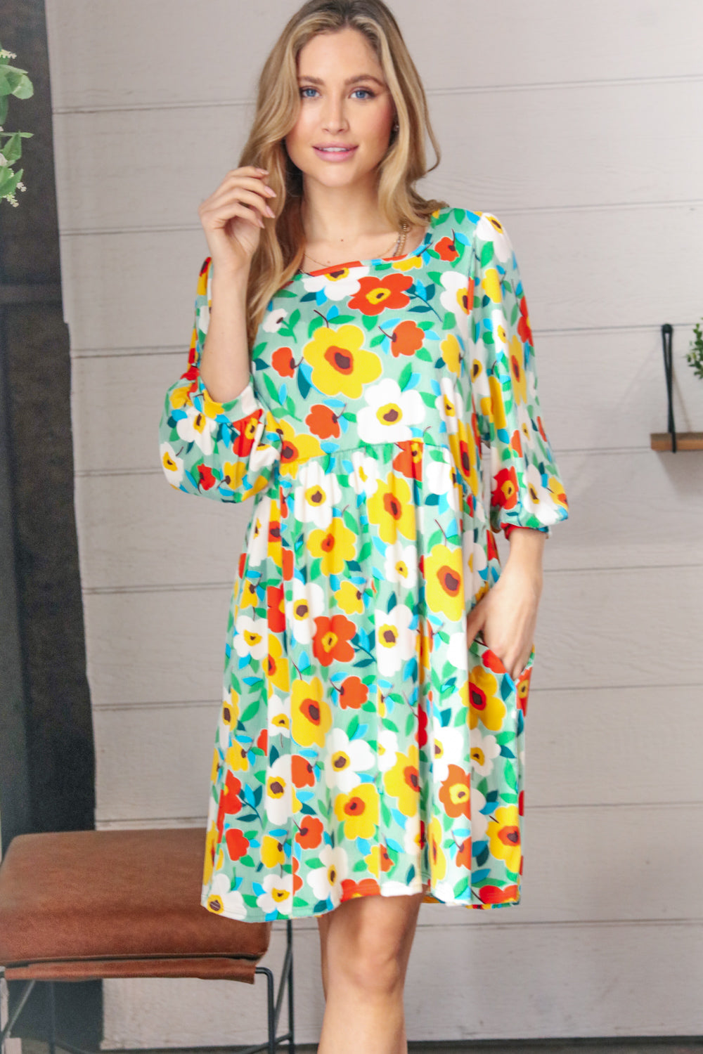 Flat Floral Square Neck Bubble Sleeve Midi Dress