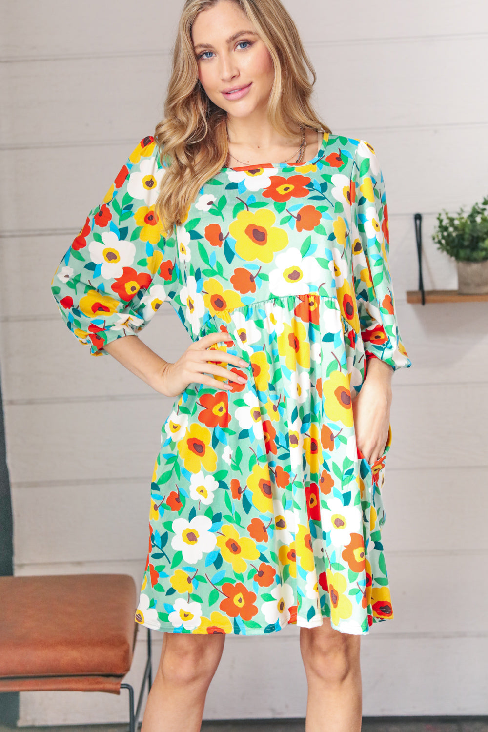 Flat Floral Square Neck Bubble Sleeve Midi Dress