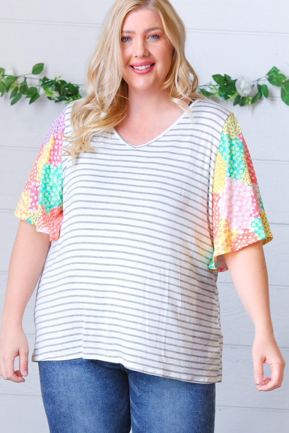 Multicolor Floral Patchwork Bell Sleeve Striped Top