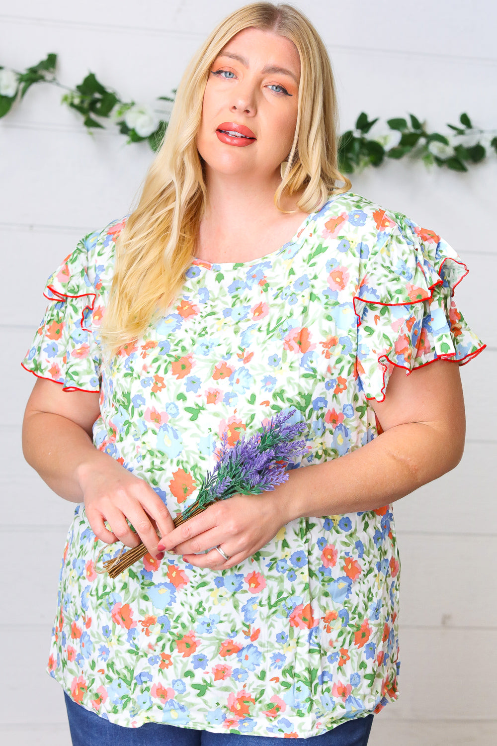 Mint Watercolor Floral Flutter Sleeve Woven Top
