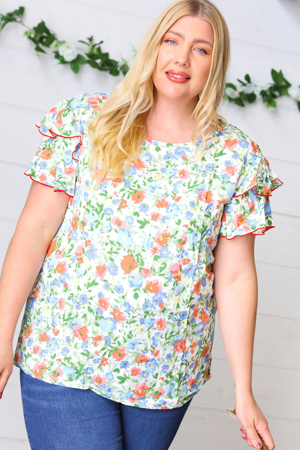 Mint Watercolor Floral Flutter Sleeve Woven Top