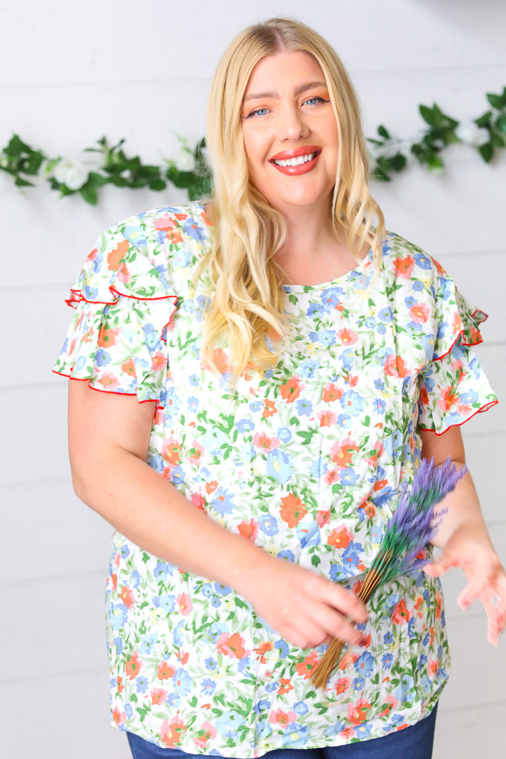 Mint Watercolor Floral Flutter Sleeve Woven Top