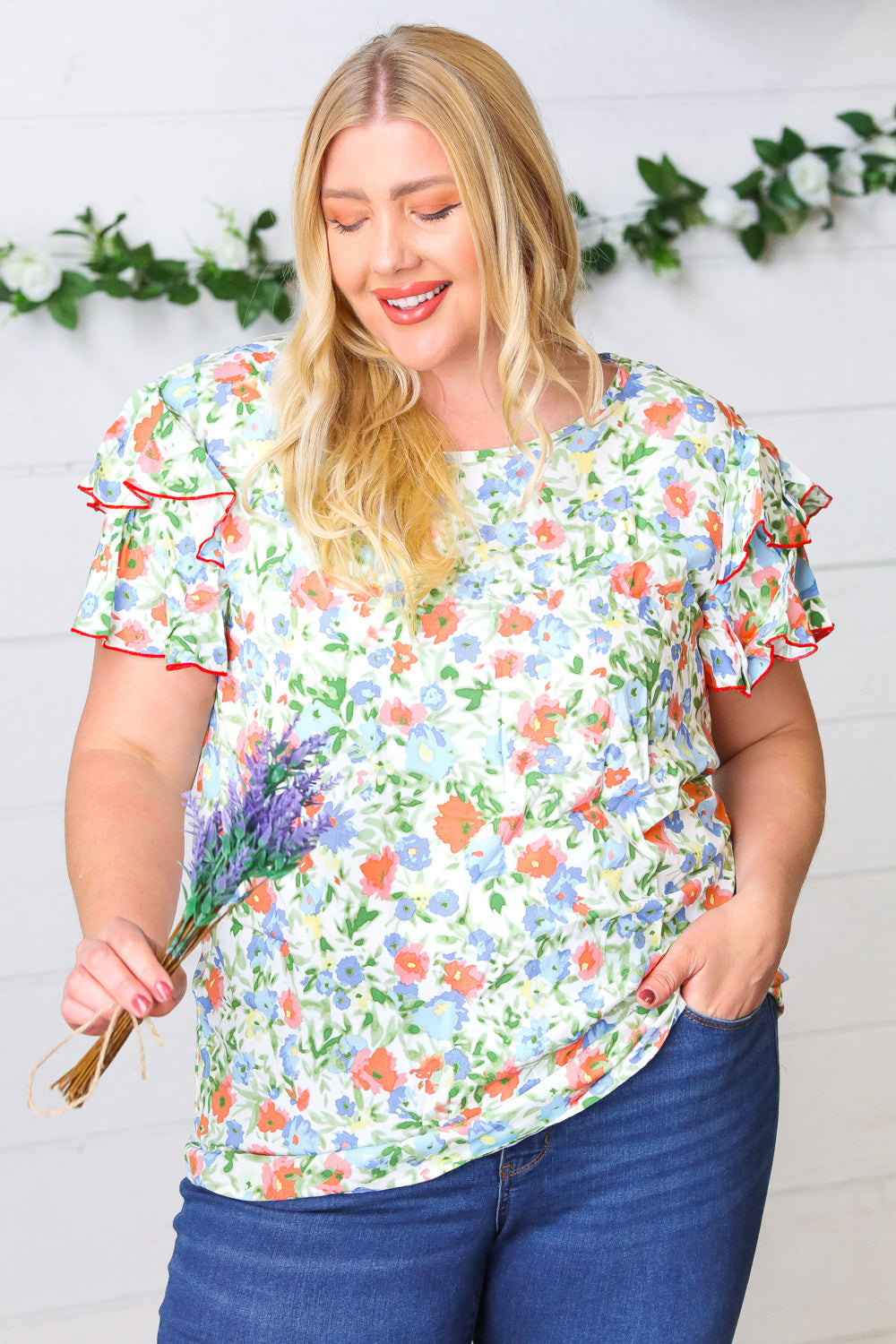 Mint Watercolor Floral Flutter Sleeve Woven Top