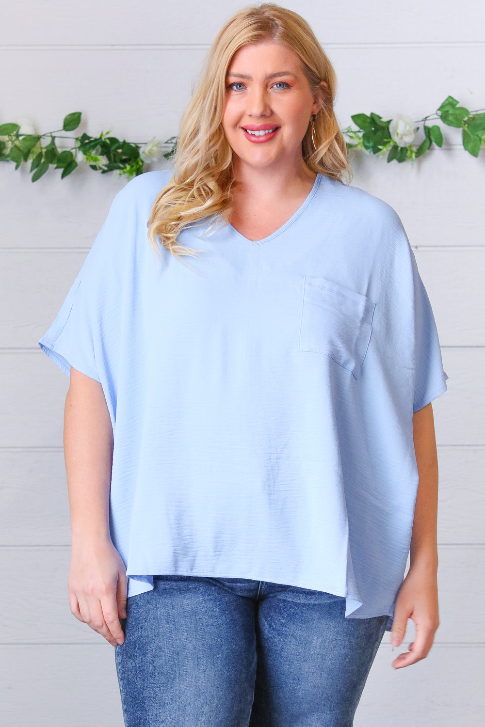 Baby Blue Woven V Neck Dolman Short Sleeve Top