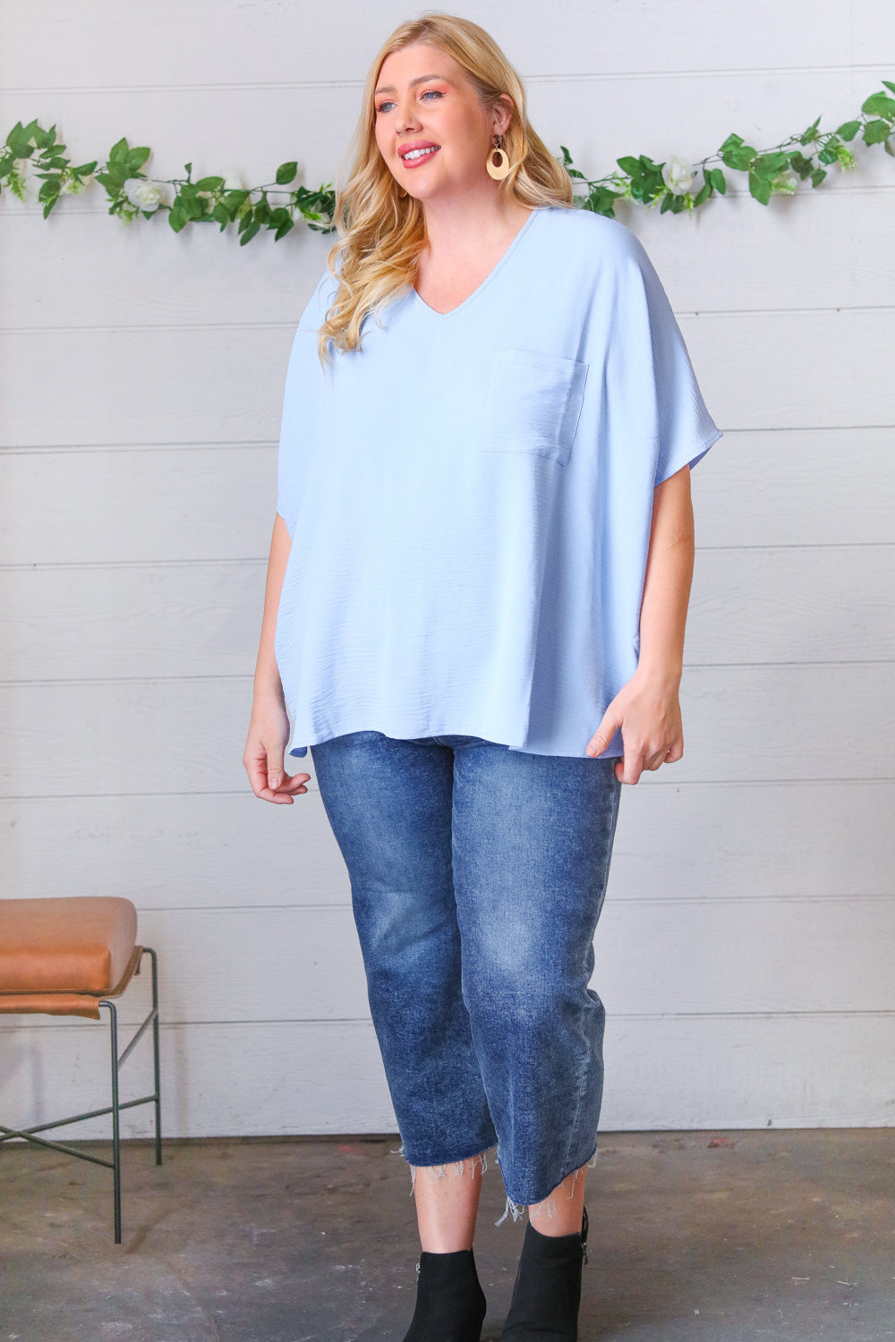 Baby Blue Woven V Neck Dolman Short Sleeve Top