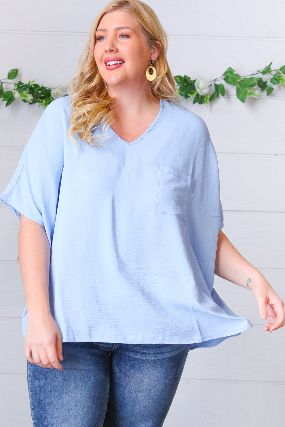 Baby Blue Woven V Neck Dolman Short Sleeve Top