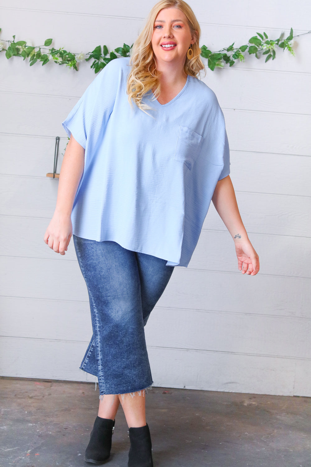 Baby Blue Woven V Neck Dolman Short Sleeve Top
