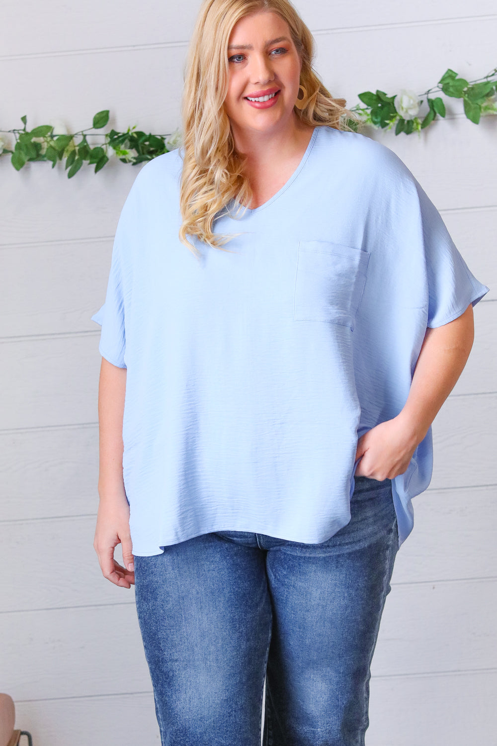 Baby Blue Woven V Neck Dolman Short Sleeve Top