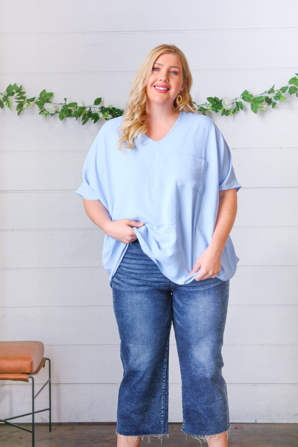 Baby Blue Woven V Neck Dolman Short Sleeve Top