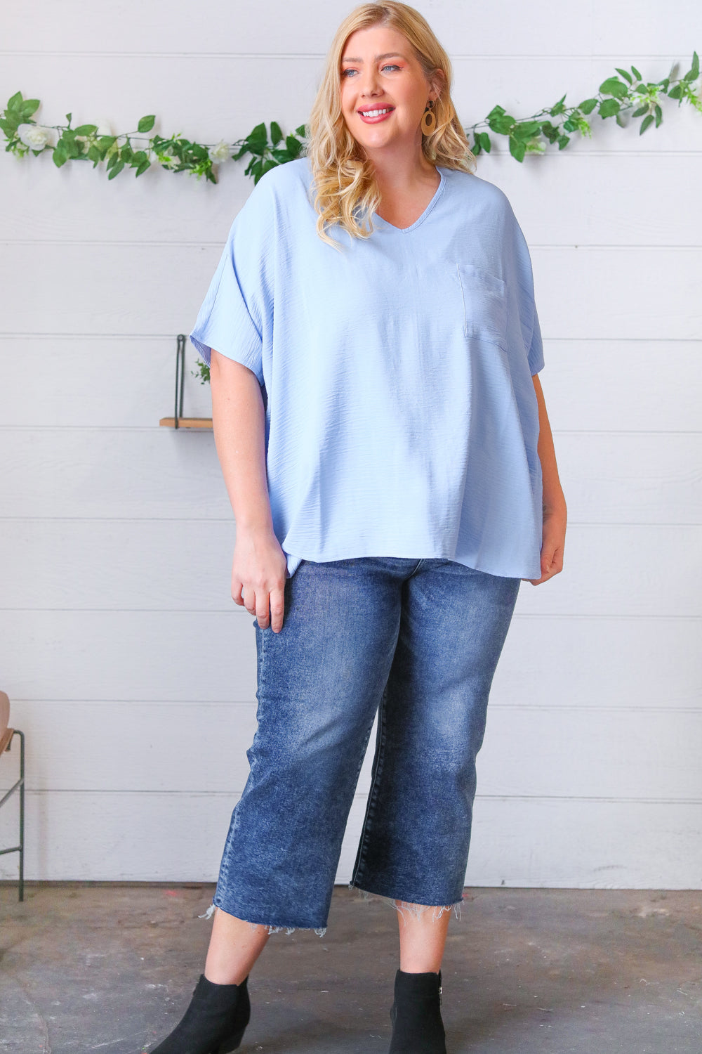 Baby Blue Woven V Neck Dolman Short Sleeve Top