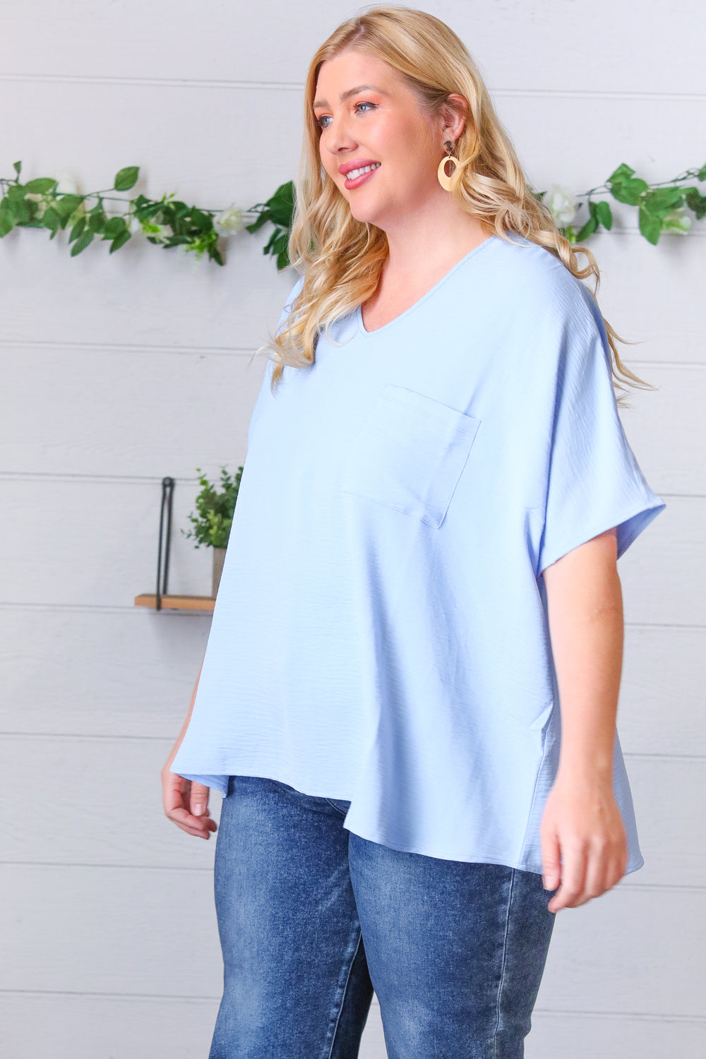Baby Blue Woven V Neck Dolman Short Sleeve Top