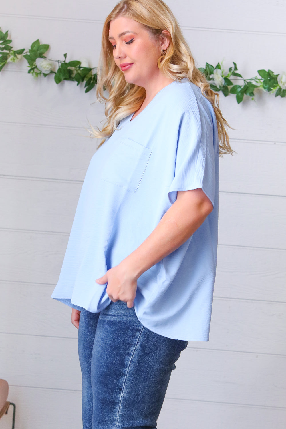 Baby Blue Woven V Neck Dolman Short Sleeve Top