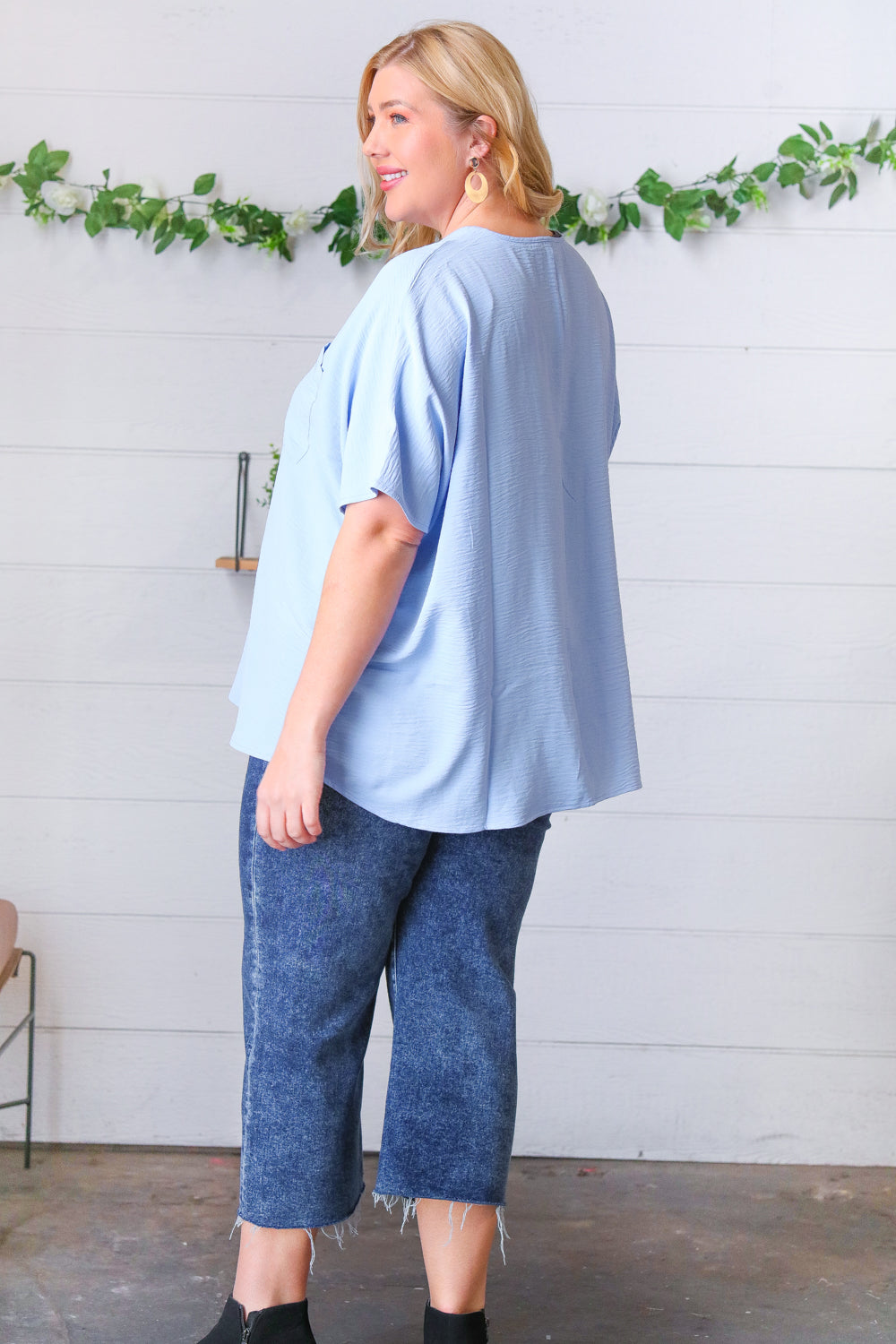 Baby Blue Woven V Neck Dolman Short Sleeve Top