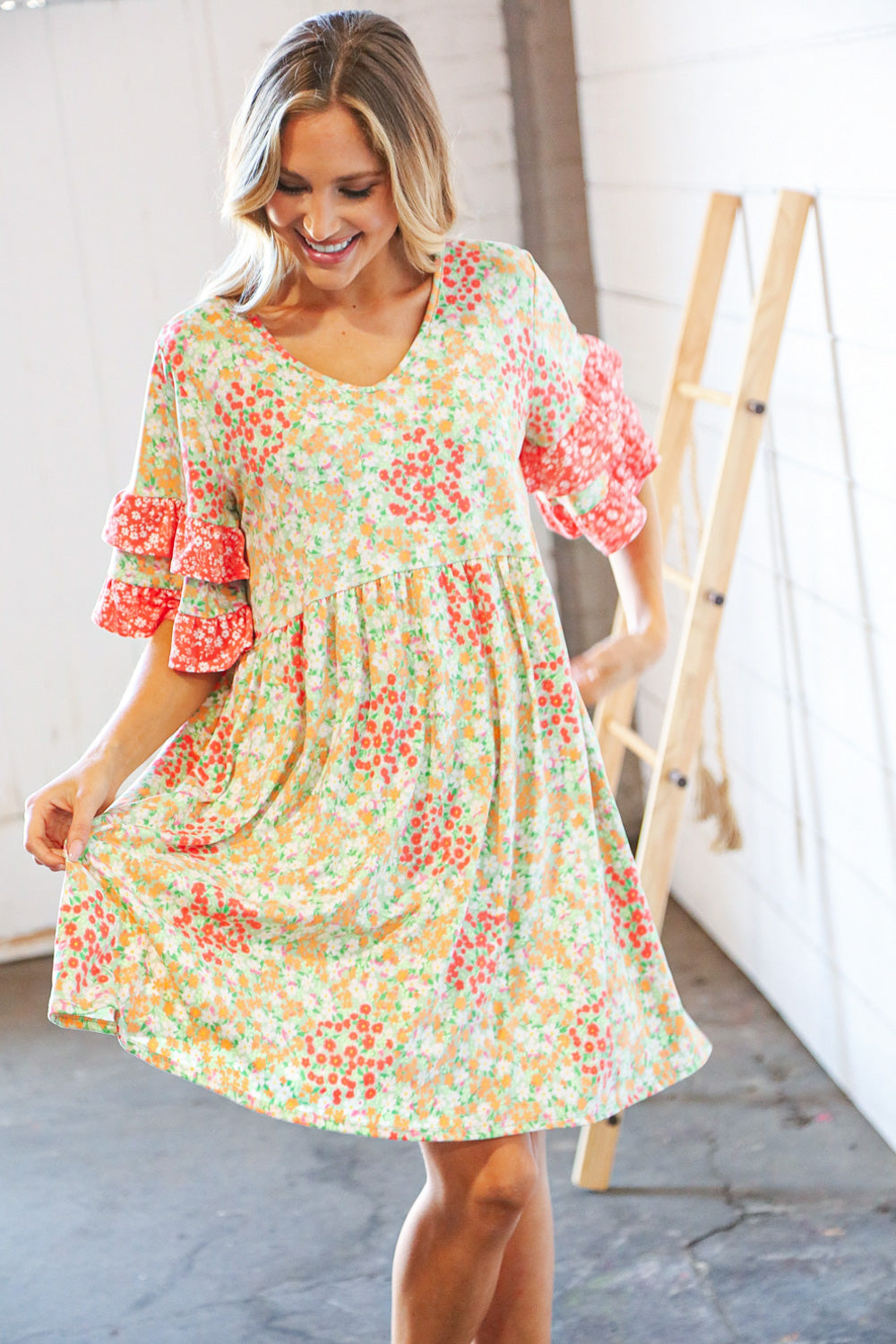 Sage & Coral Floral Ruffle Sleeve Pocketed Dress