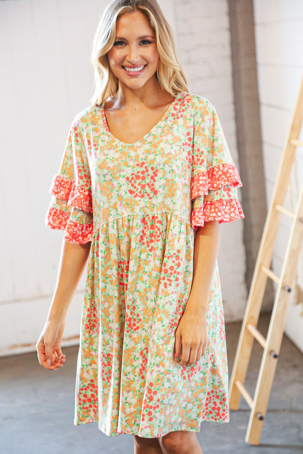 Sage & Coral Floral Ruffle Sleeve Pocketed Dress