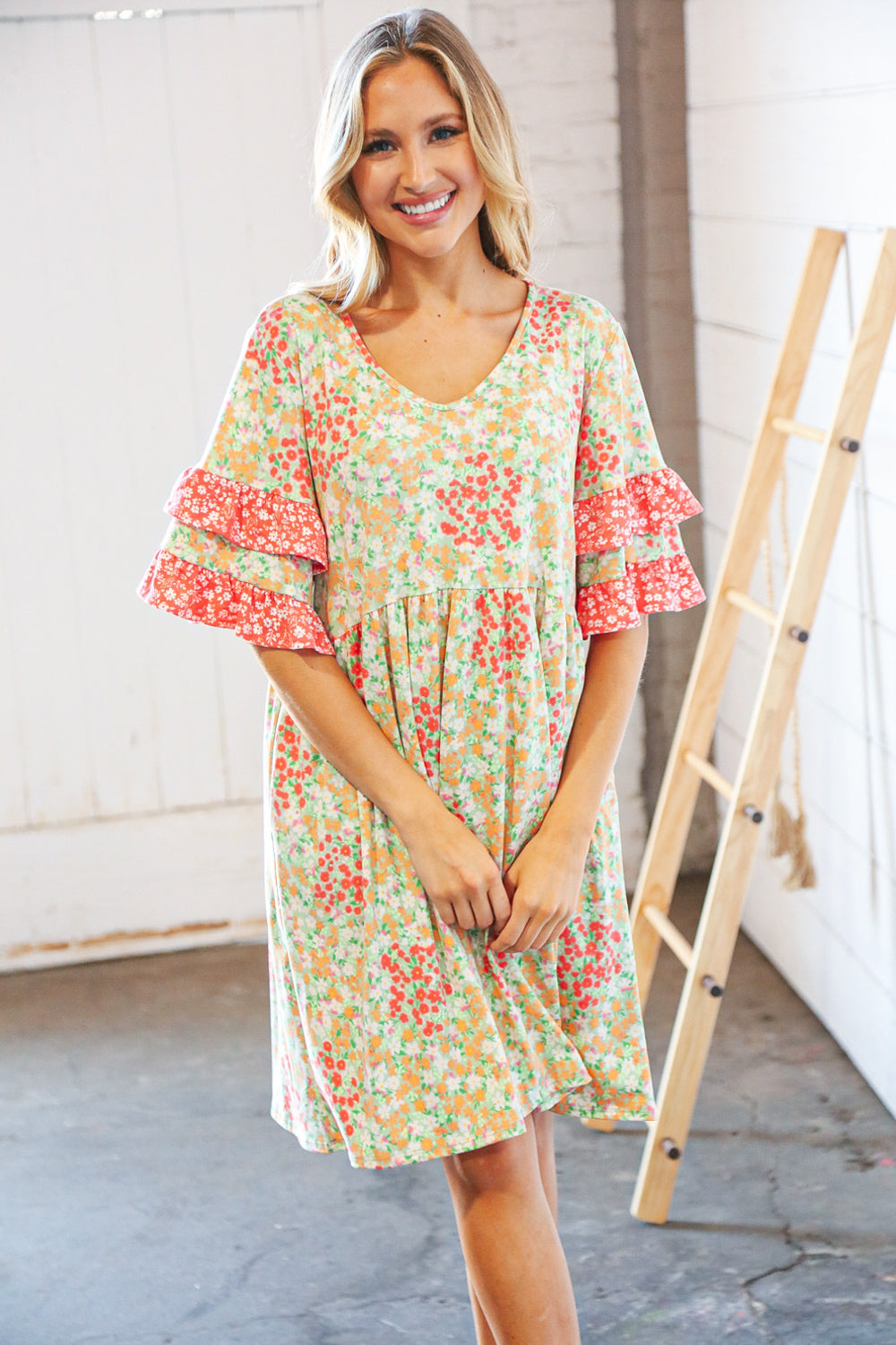 Sage & Coral Floral Ruffle Sleeve Pocketed Dress