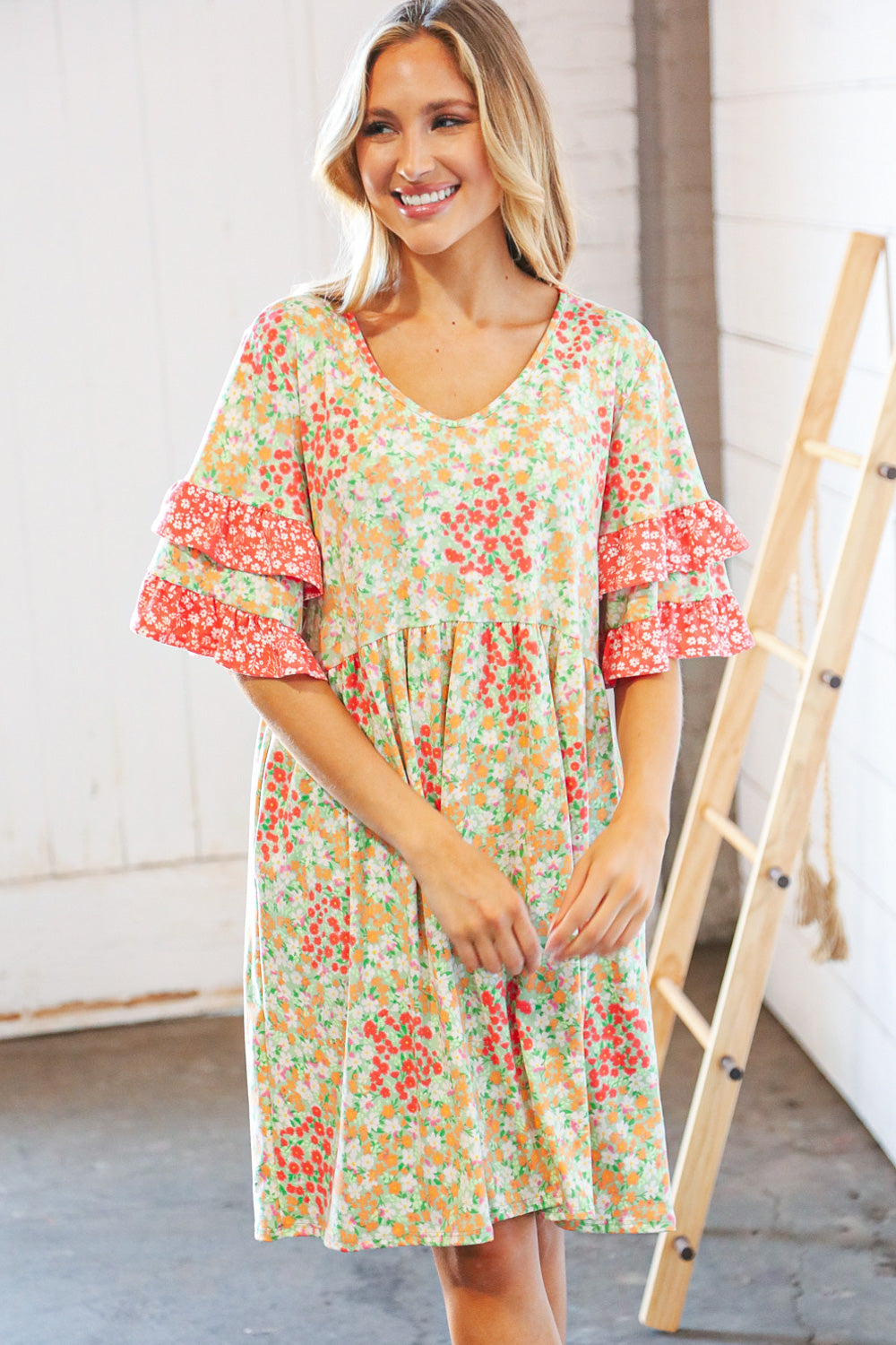 Sage & Coral Floral Ruffle Sleeve Pocketed Dress