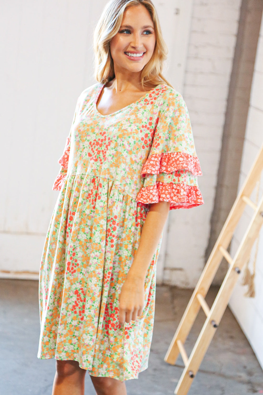 Sage & Coral Floral Ruffle Sleeve Pocketed Dress