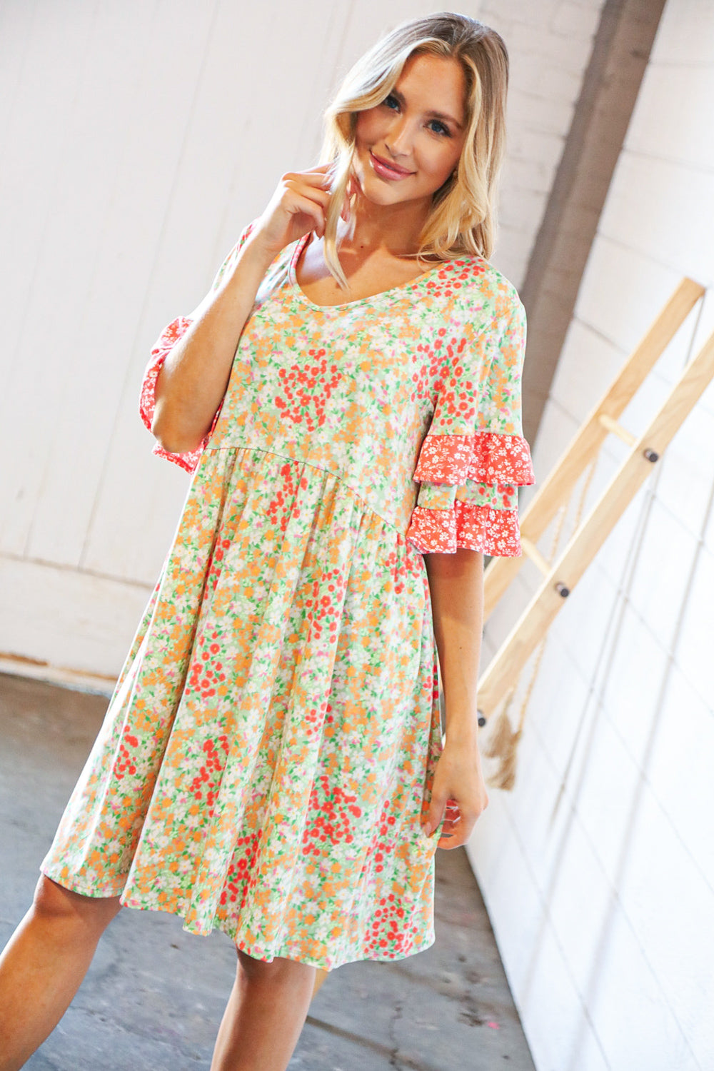 Sage & Coral Floral Ruffle Sleeve Pocketed Dress