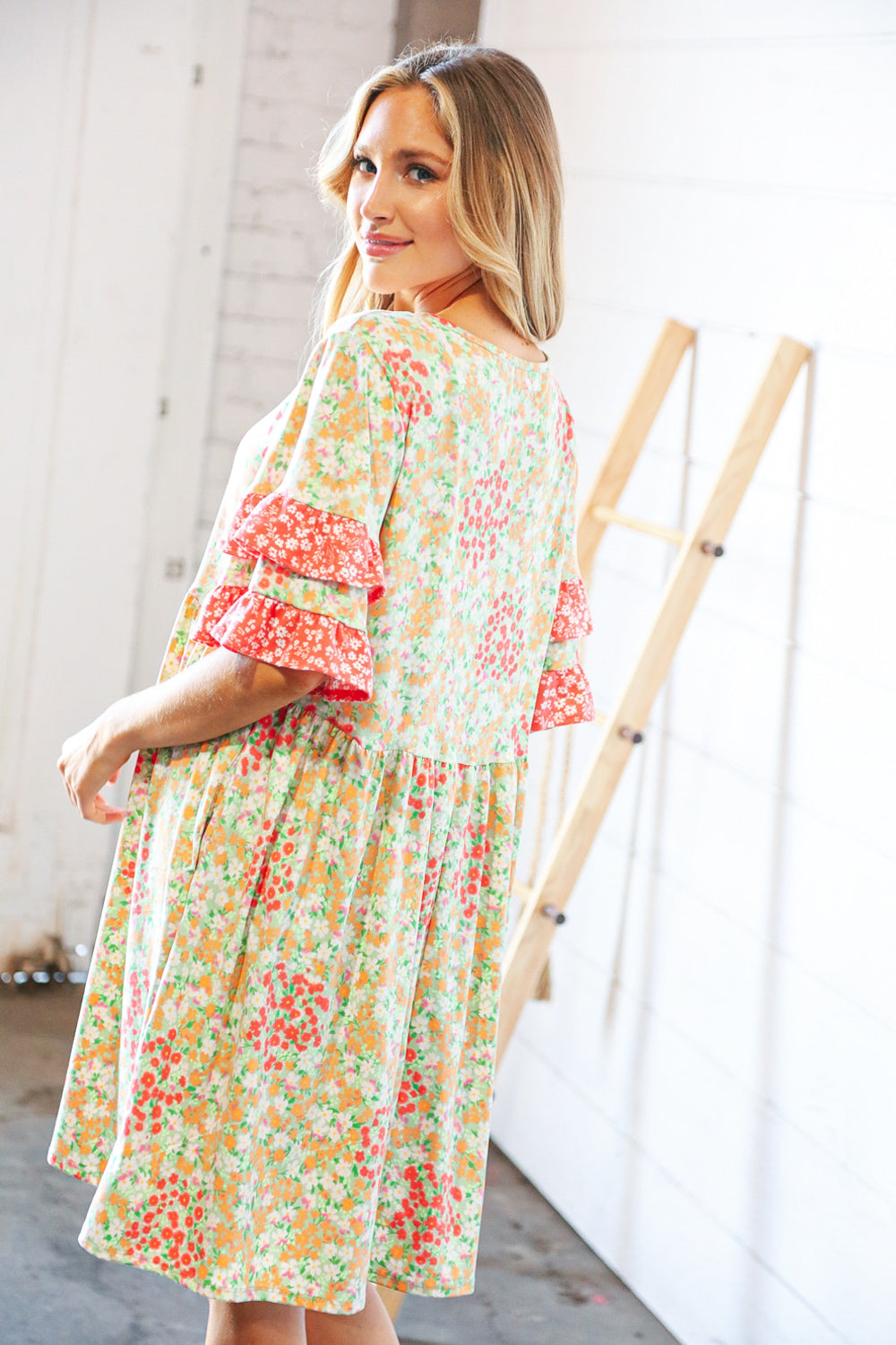 Sage & Coral Floral Ruffle Sleeve Pocketed Dress