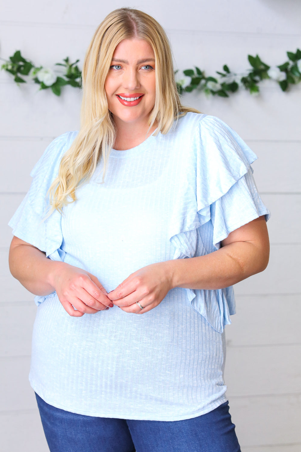 Sky Blue Double Ruffle Sleeve Two Tone Top