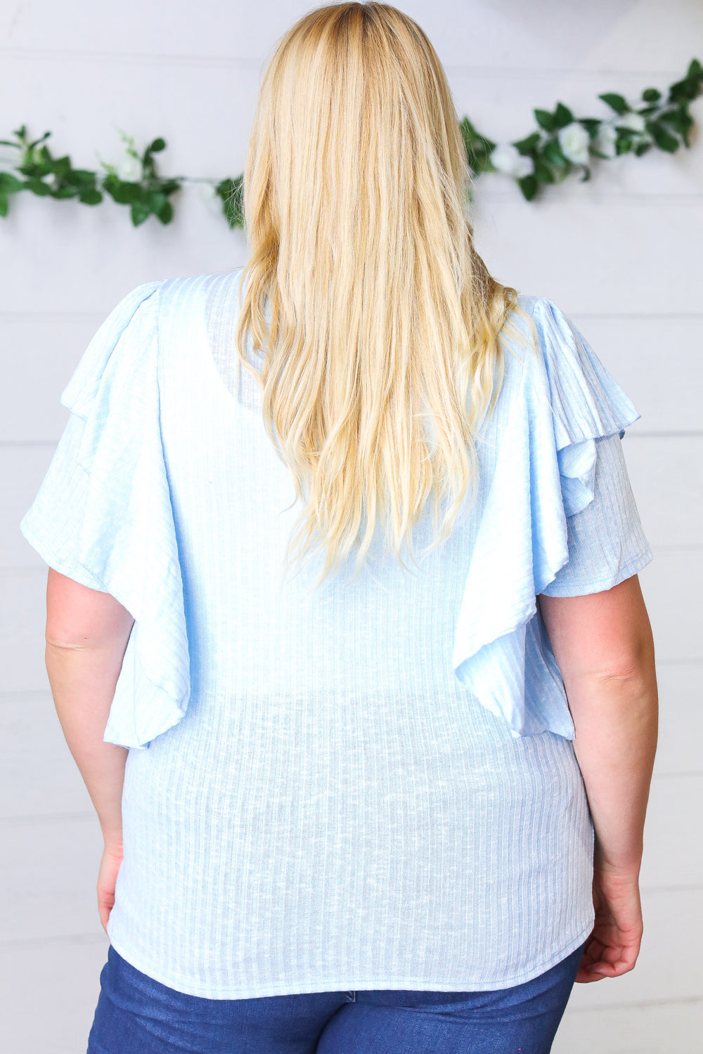 Sky Blue Double Ruffle Sleeve Two Tone Top