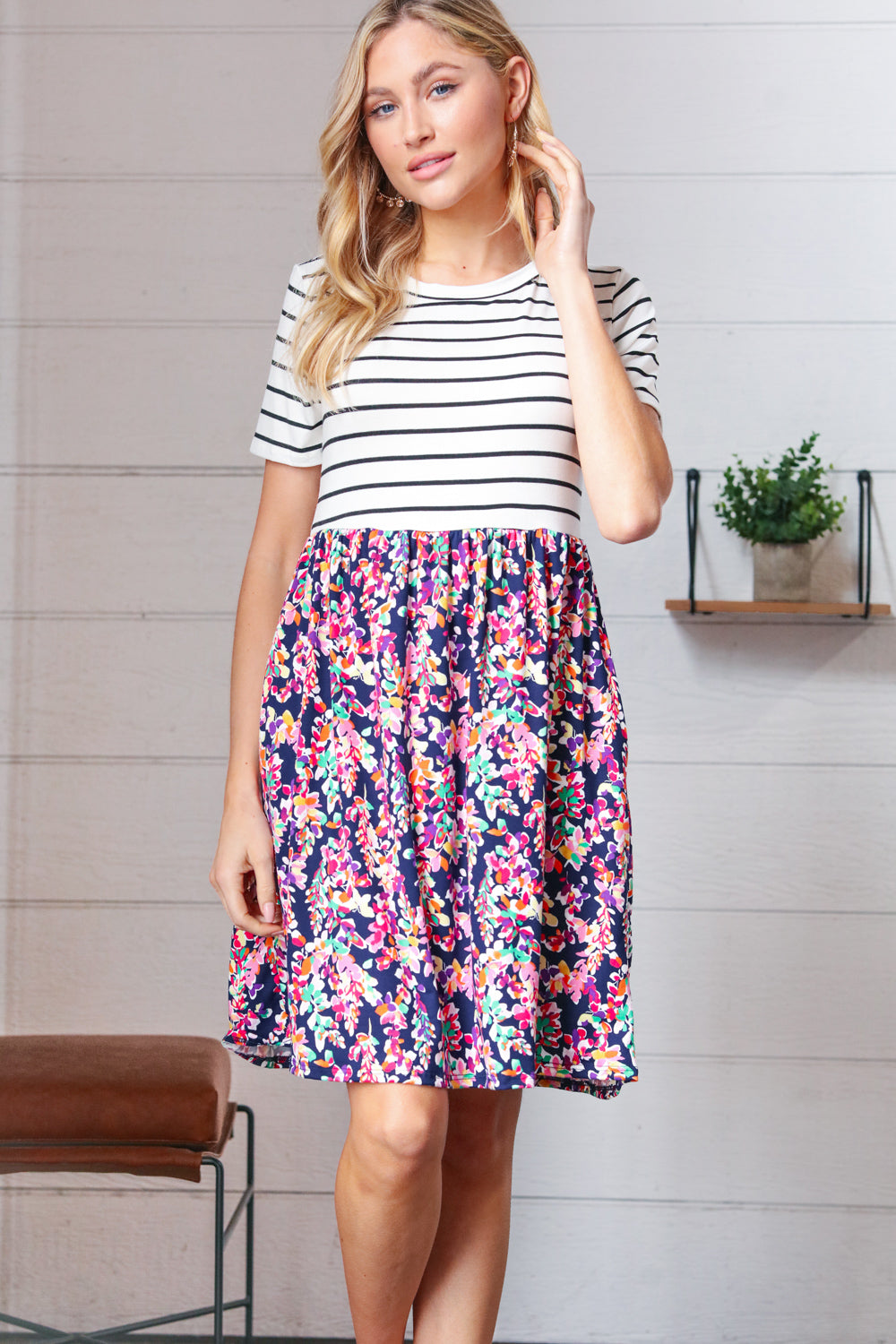 Two Fer Stripe & Multicolor Floral Color Block Dress