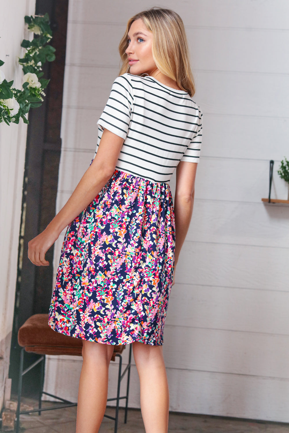 Two Fer Stripe & Multicolor Floral Color Block Dress
