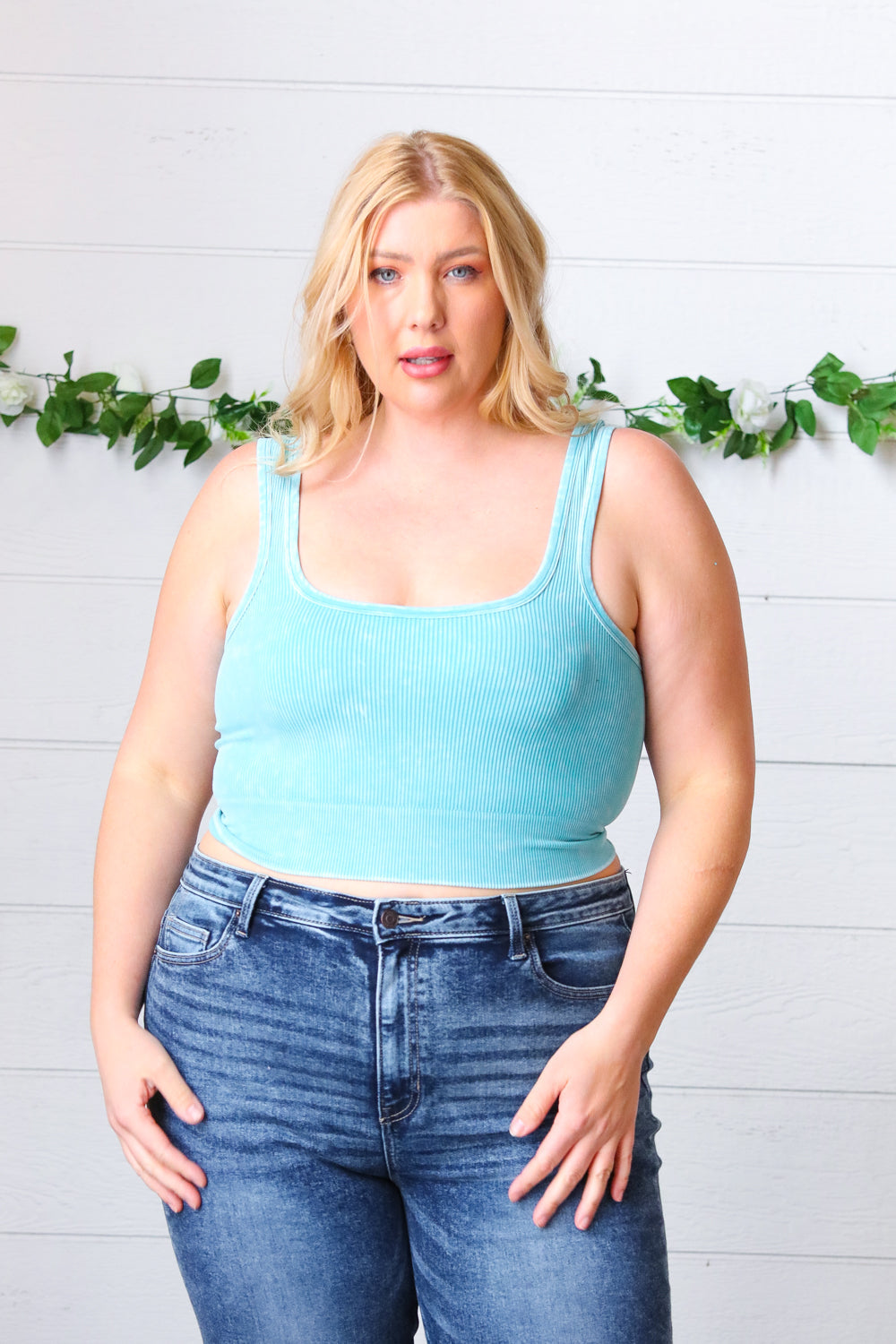 Ice Blue Washed Rib Cropped Square Neck Tank