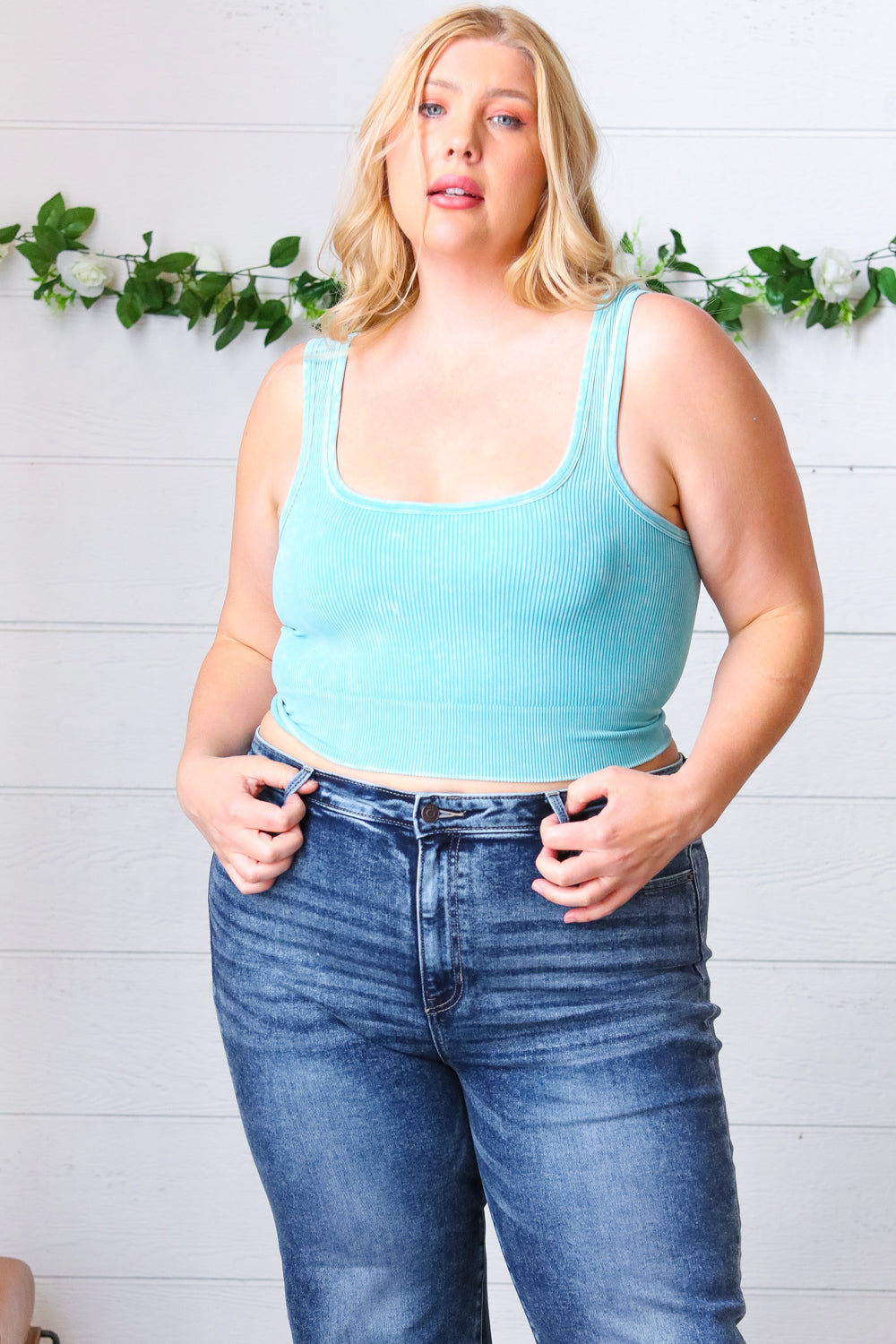 Ice Blue Washed Rib Cropped Square Neck Tank