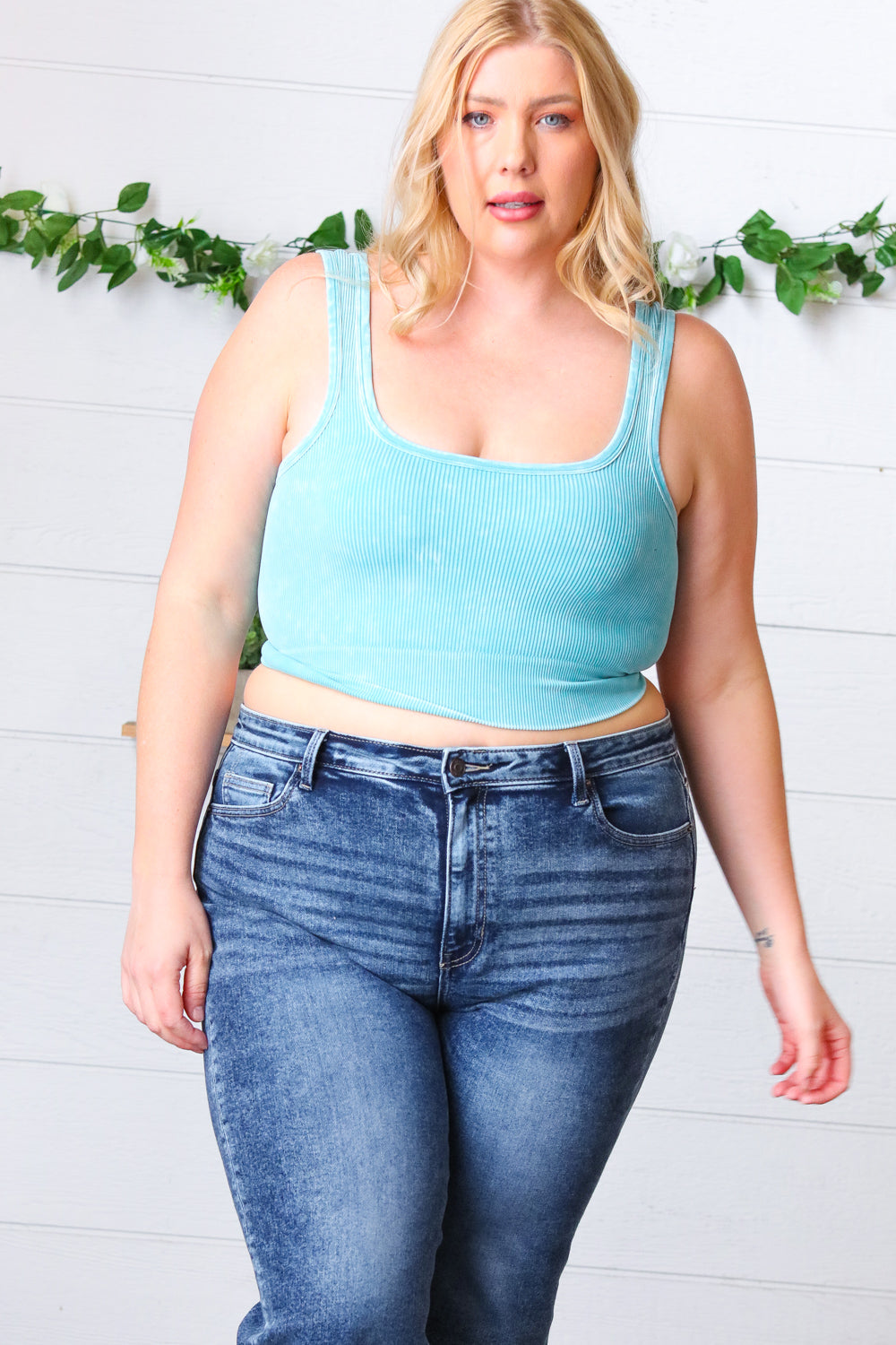 Ice Blue Washed Rib Cropped Square Neck Tank