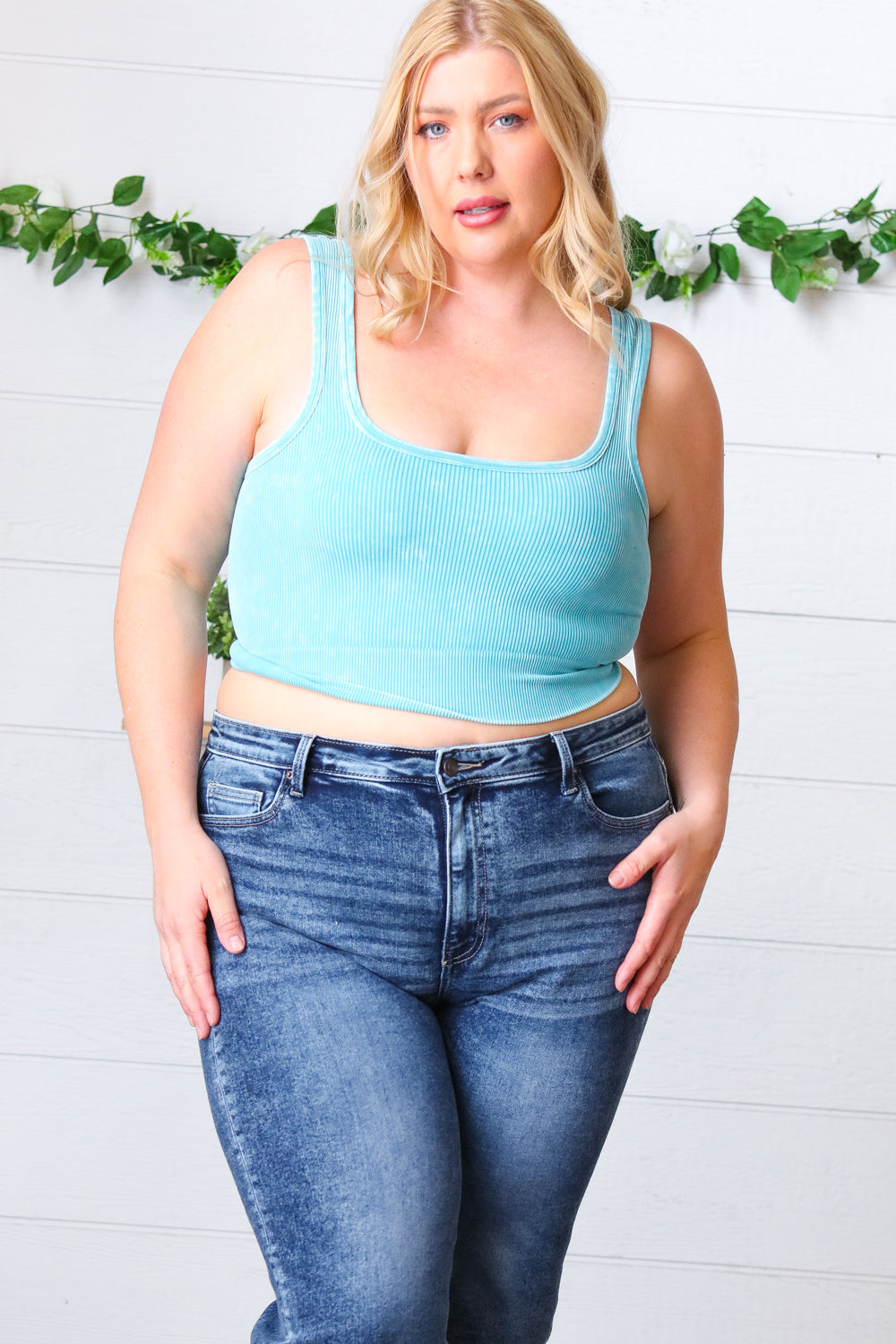 Ice Blue Washed Rib Cropped Square Neck Tank
