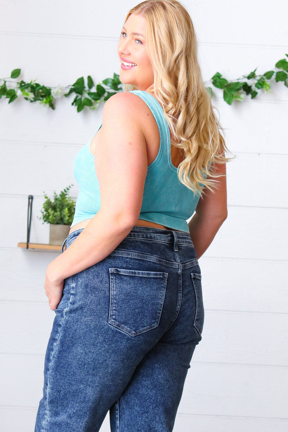 Ice Blue Washed Rib Cropped Square Neck Tank