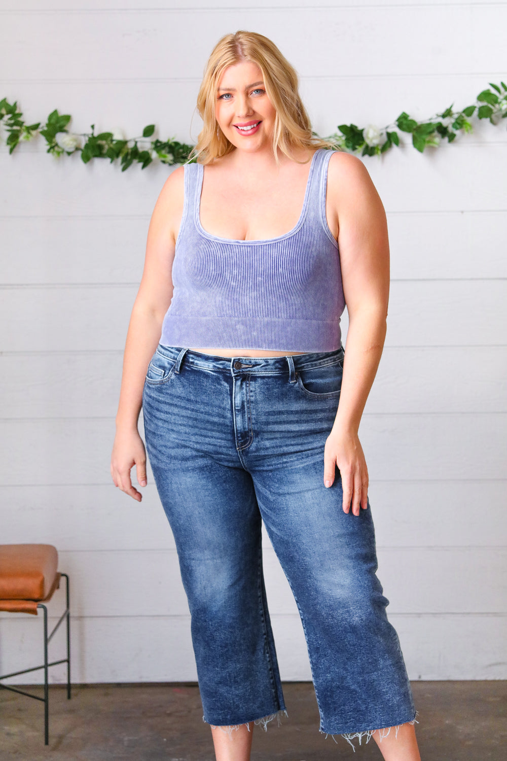 Blueberry Washed Rib Cropped Square Neck Tank