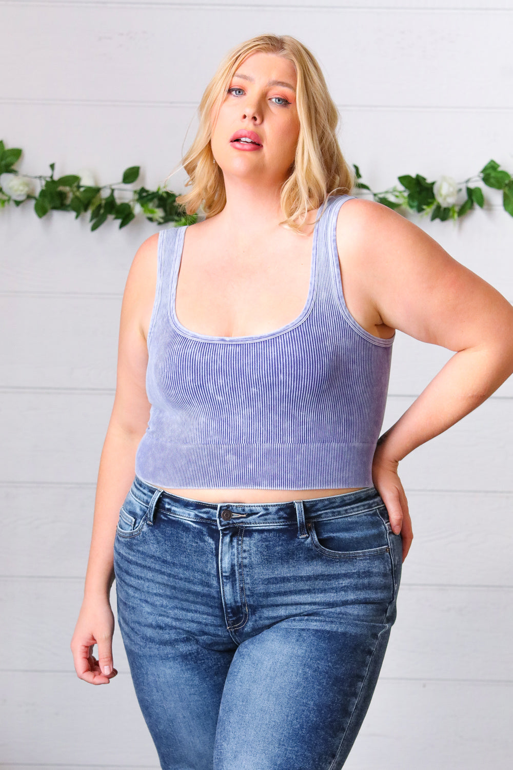 Blueberry Washed Rib Cropped Square Neck Tank